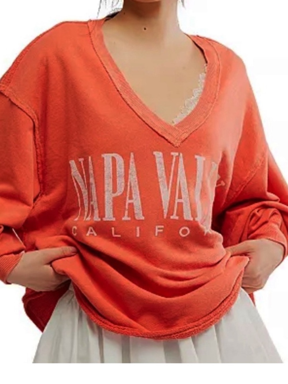 FREE PEOPLE VENICE V NECK PULLOVER NAPA VALLEY GRAPHICS DARK ORANGE M L